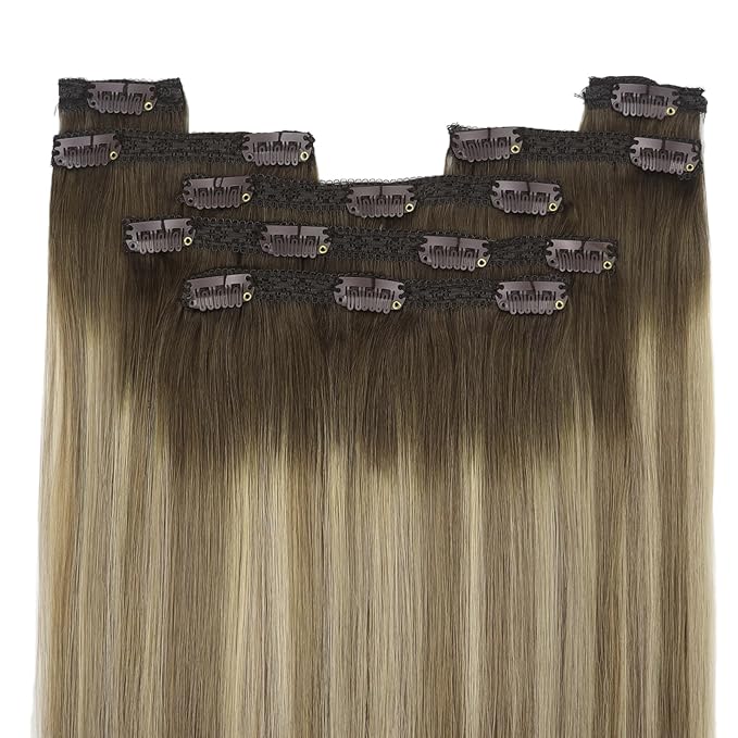 YoungSee 150G Clip in Human Hair Extensions Balayage Walnut Brown Ombre Light Brown with Blonde Long Human Hair Clip in Extensions Balayage Clip in Hair Extensions Straight Hair 24inch 7pcs