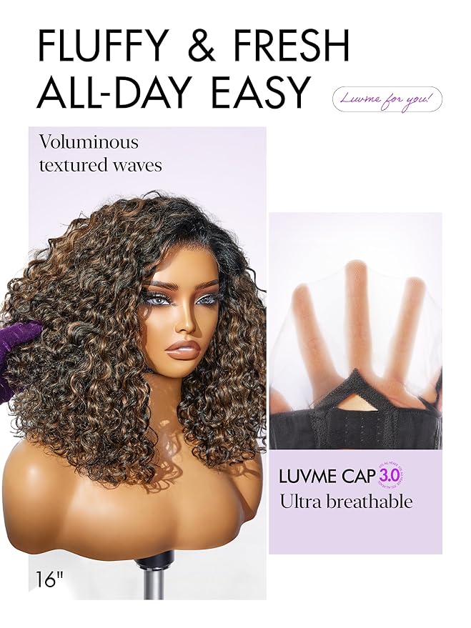 LUVME HAIR 100% Human Hair Wigs Curly Deep Wave Glueless Lace Front 12 Inches Pre Cut Plucked Hd Lace Short Wig Ready To Go Highlight Color Straight Bleached Knots Side Part Black Wigs