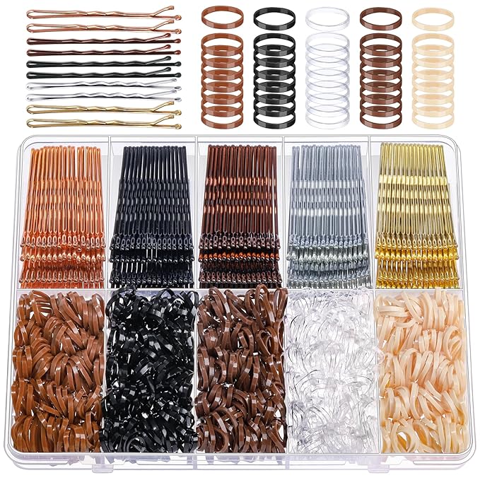 YGDZ 750PCS Bobby Pins for Women, 250PCS 2Inch Hair Pins for Brown Hair, Black, Blonde Hair, 500PCS Elastic Hair Ties Neutral Colors, Christmas Stuffers Xmas Gift Hair Accessories for Women, Girls