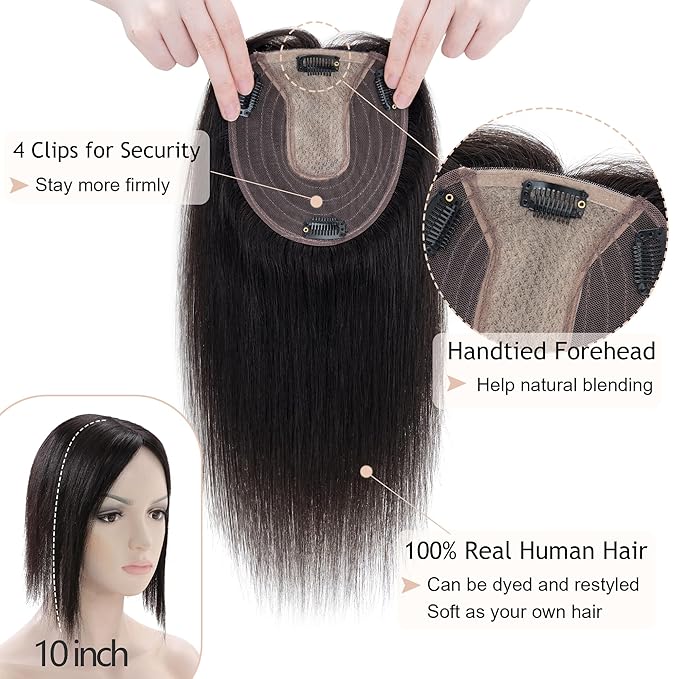 Hair Toppers for Women Real Human Hair No Bangs, 13 * 15 cm Larger Silk Base 150% Density Clip In Topper Hairpieces, Wiglet Top Pieces Add Volume -12 Inch 01B Natural Black