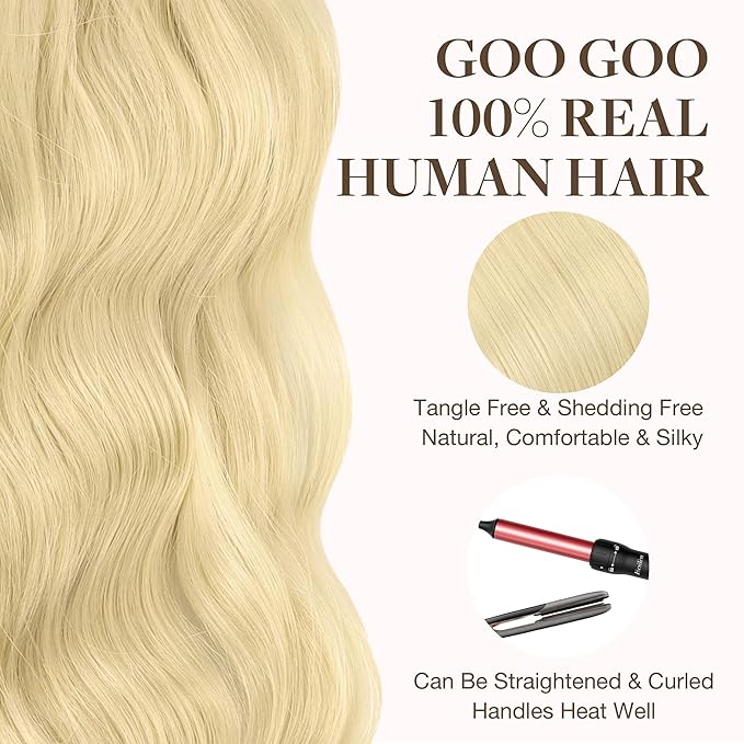 GOO GOO Tape in Hair Extensions Human Hair, 613R Bleach Blonde, 16inch 50g 20pcs, Skin Weft Seamless Invisible, Silky Straight with Thick Ends, Remy Human Hair