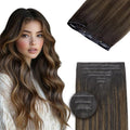 DOORES Injected Clip in Hair Extensions Real Human, Dark Brown to Chestnut Brown 14 inch 110g 7pcs Invisi Edge, Seamless Clip in Hair Extensions Invisible Virgin Injected Skin Weft