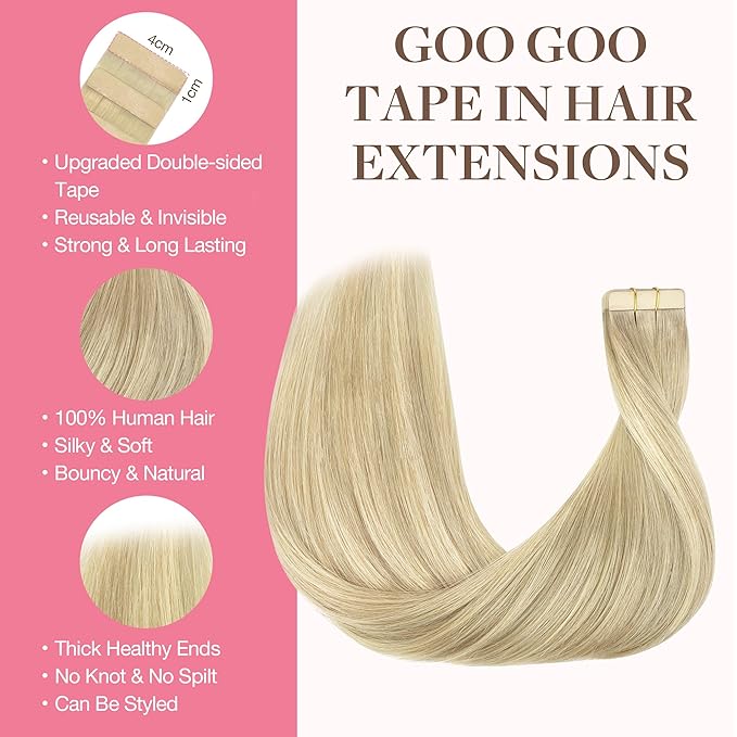 GOO GOO Tape in Hair Extensions Human Hair, 18ET90A Natural Blonde Balayage, 16inch 100g 40pcs, Skin Weft Seamless Invisible, Silky Straight with Thick Ends, Remy Human Hair