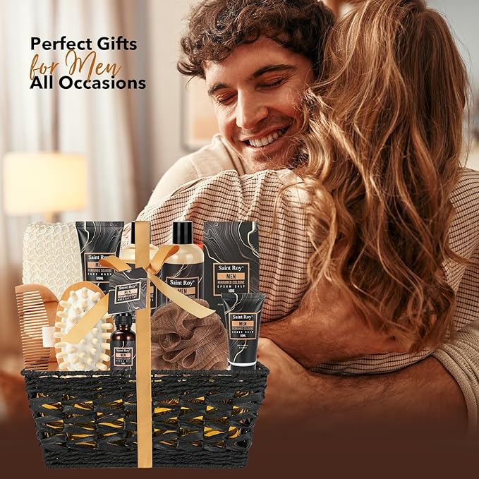 Fathers Day Christmas gift for Men Dad Bath Perfume Gift Set, 14 Pcs Spa Basket with Classic Perfume kit, Personal Self Care Shaving Kit Relax Included Scubber, Beard Oil, Bath Pillow, Valentines Day