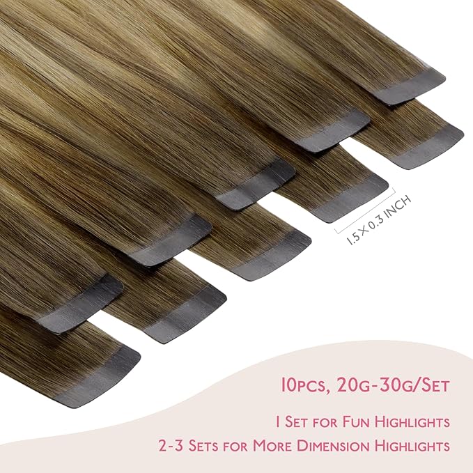 Wennalife Tape In Hair Extensions Human Hair Ombre Walnut Brown to Ash Brown and Bleach Blonde, 10pcs 25g 16 inch Remy Invisible Tape Ins Straight Real Human Hair Tape in Extensions