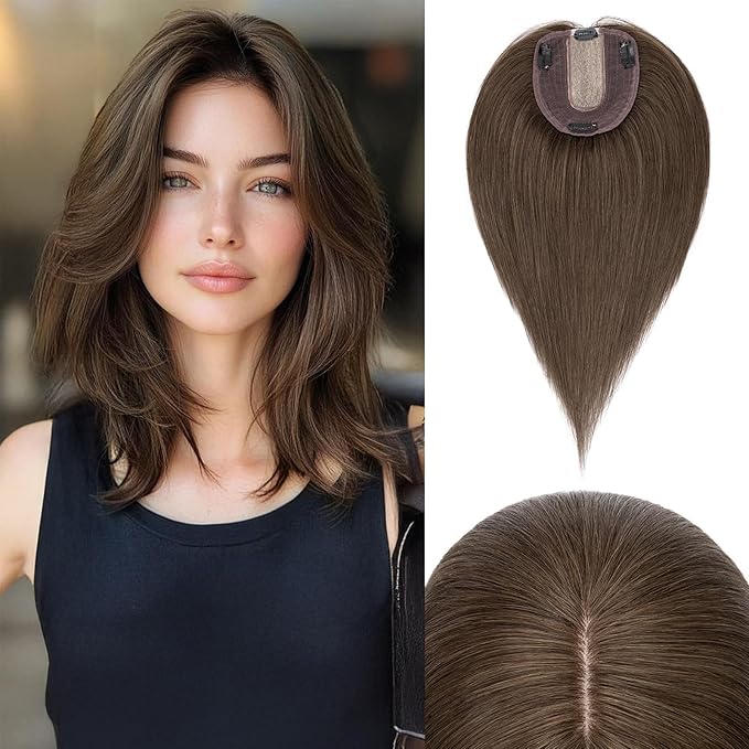 Rich Choices Hair Toppers for Women Real Human Hair 100% Human Remy Toppers NO Bangs for Women with Thinning on Top Clip in Hairpiece 4"x4.7"Lace Base 8 Inch #2R Chocolate Brown