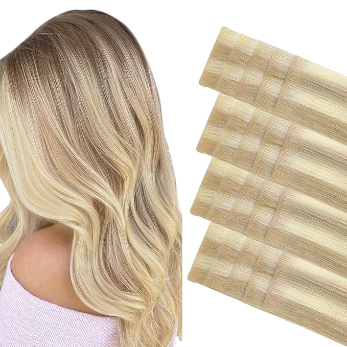GOO GOO Invisi Edge Tape in Hair Extensions Human Hair, 18A/613A Dark Blonde Highlighted Bleach Blonde 20pcs 24inch 50g, Virgin Remy Hair, Seamless Injected Tape, Natural Look