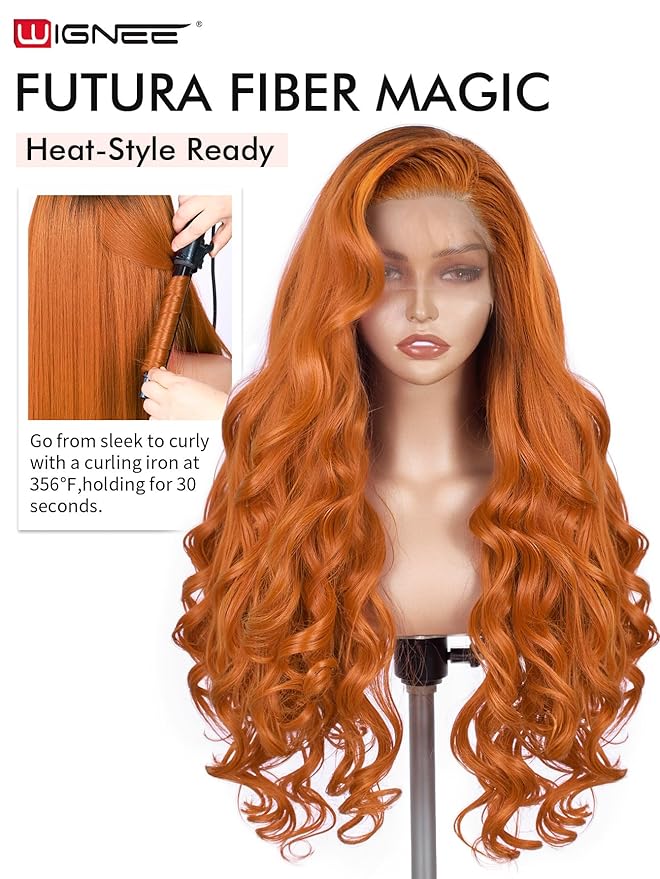 WIGNEE 13x6 Synthetic Lace Front Wig Pre-Plucked Synthetic Glueless Straight Wig 28" Voluminous Ginger Lace Front Wigs with Kanekalon Futura Hair