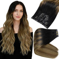 Full Shine Balayage Clip in Hair Extensions Real Human Hair 16 Inch Black to Light Brown with Honey Blonde Invisible Hair Extensions Ease of Use 8 PCS 120 G