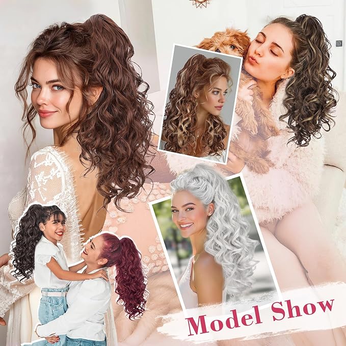 QGZ Ponytail Extension 20 Inch Claw Clip Ponytail Hair Extension Natural Synthetic Curly Wavy Hairpiece for Women Daily Use(Silver Grey)