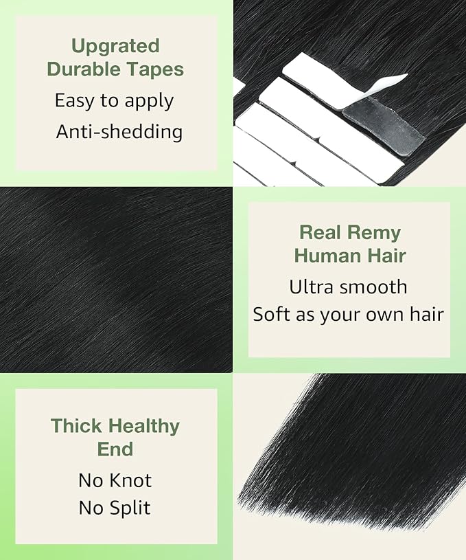 SURNEL 22 inch Tape in Hair Extensions Human Hair Color 1 Jet Black Remy Tape in Hair Extensions 20pcs 50g(#1-22)