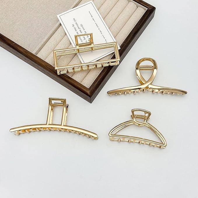 4 Pack Large Metal Hair Clips for Thin to Thick Curly Hair, 4.3 Inch Big Nonslip Gold Color Clamps, Perfect Fashion Jaw Claw Hair Styling Accessories for Women and Girls, Christmas Gifts