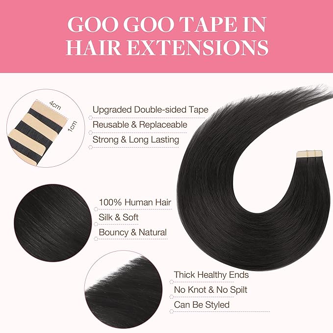 GOO GOO Tape in Hair Extensions Human Hair, 1B Natural black, 10inch 60g 40pcs, Skin Weft Seamless Invisible, Silky Straight with Thick Ends, Remy Human Hair