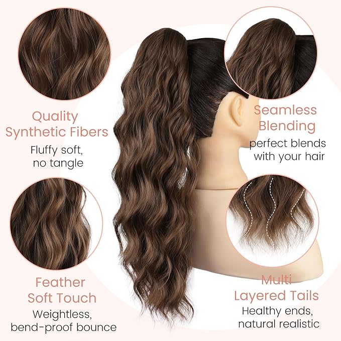 18" Ponytail Extension, Claw Clip Ponytail Extensions for Women Wavy Pony Tails Hair Extensions Fluffy Natural Looking Synthetic Hairpiece for Daily Use (Light Auburn Brown)