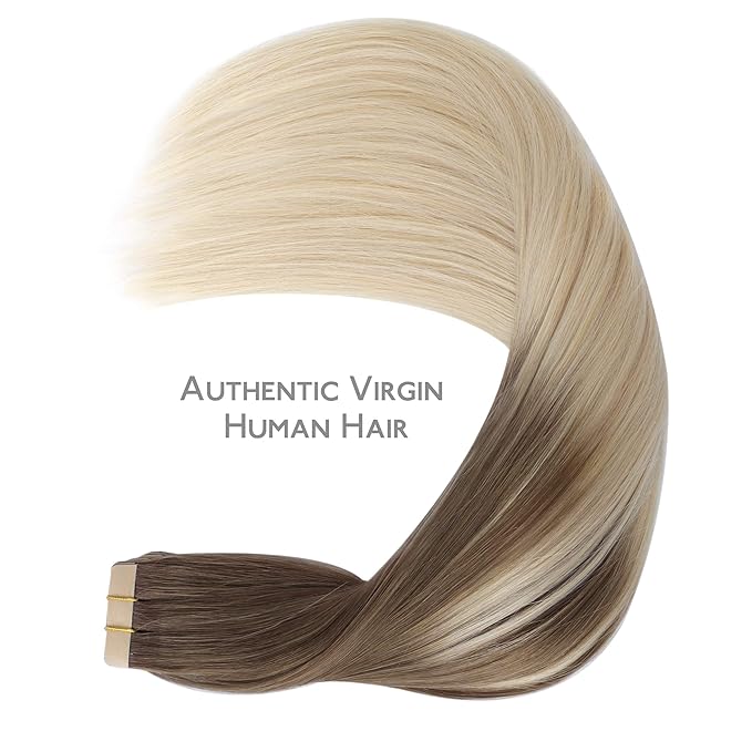 WENNALIFE Tape in Hair Extensions Human Hair, 20pcs 50g 16 inch Sandy Brown to Platinum Blonde Remy Hair Extensions Straight Human Hair Tape in Extensions Skin Weft Tape Extensions