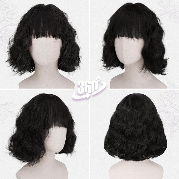 BARSDAR Dark Brown Short Wavy Wig with Bangs - Short Curly Dark Brown Wigs for Women - Wavy Textured French Bob Wig with Bangs Soft Synthetic Natural Looking Face-Framing Daily