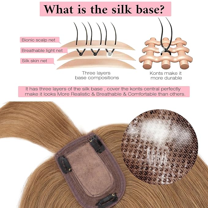 SEGO 100% Real Human Hair Toppers, with Air Bangs, Silk Base 150% Density, Clip in Topper, 2.7”x5.1”, HairPieces for Women, with Thinning/Hair Loss Cover Gray