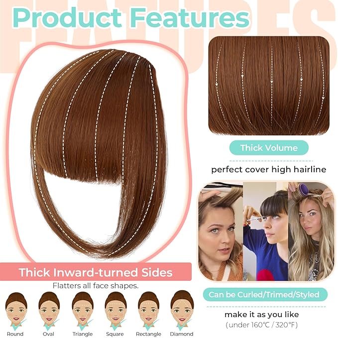 Clip in Bangs, Synthetic French Bangs Hair Clip, Fake Bangs Fringe with Temples Hairpieces for Women Natural Curved Hair Extensions for Daily Wear Light Auburn