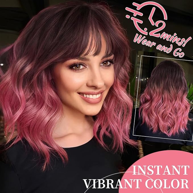 Nnzes Pink Wig with Bangs for Women Short Bob Wavy Charming Synthetic Wigs with Natural Shoulder Length Curly Heat Resistant Fiber Hair for Daily Party Use