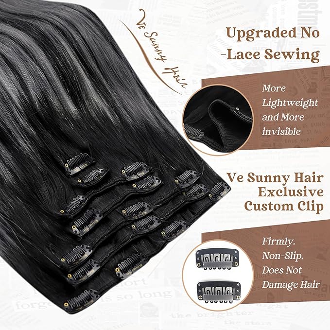 Ve Sunny Real Hair Extensions Clip in Human Hair Black Ombre Grey Balayage Remy Clip in Hair Extensions Human Hair Full Head Set 18inch 7pcs 120g