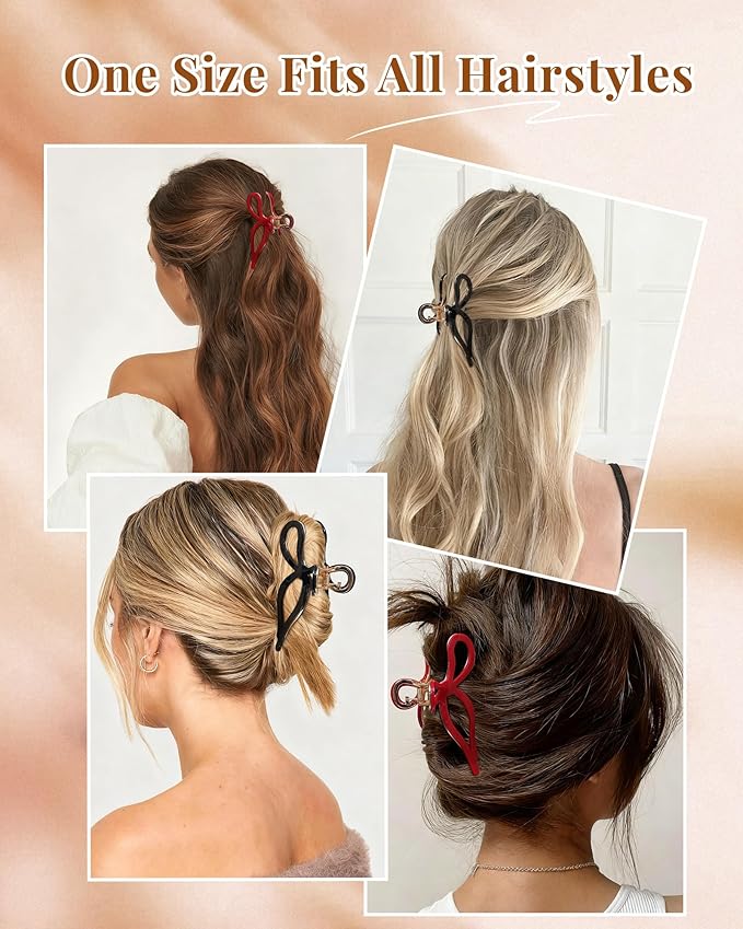 Mesovor 2 Pack Gold Metal Bow Hair Claw Clips, Nonslip 4.3" Large Hair Grip Hairclips for Thin and Thick | Acrylic Metal Strong Hold Claw Clip (Black, Red)