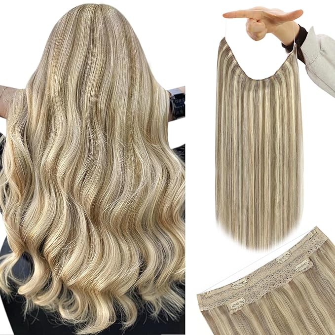 YoungSee 130G Wire Hair Extensions Real Human Hair Highlight Brown to Blonde Wire Hair Extensions for Women Light Brown Mix Platinum Blonde Fish Line Hair Extension 20In