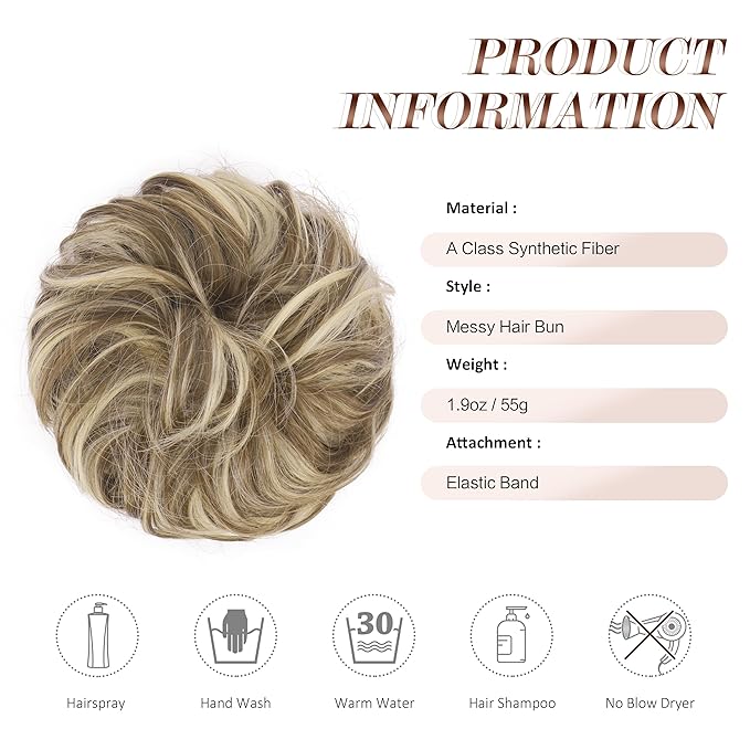 FESHFEN Messy Bun Hair Piece - Large Elastic Wavy Curly Hair Bun Scrunchies Ponytail Extensions Synthetic Chignon Hairpieces for Women, Brunette & Blonde 1.94oz