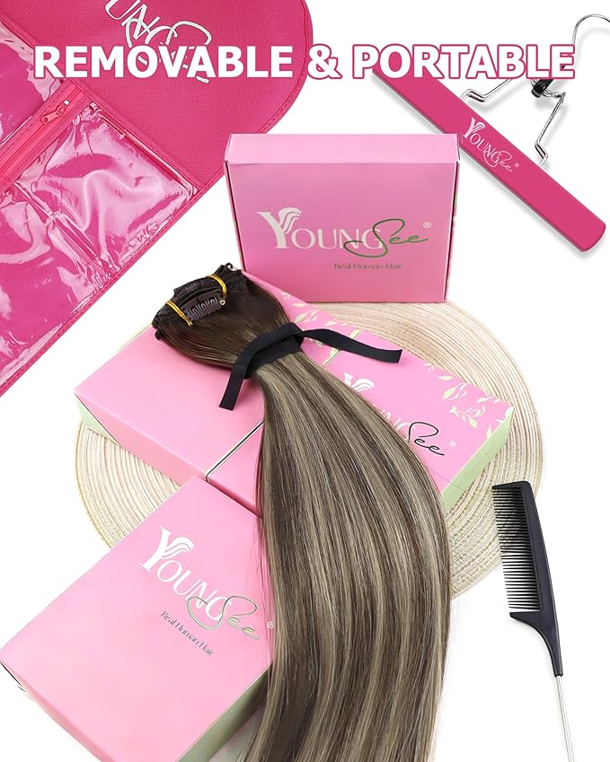 YoungSee Clip in Hair Extensions Human Hair Brown Balayage Hair Extensions Clip ins Chocolate Brown with Ash Blonde Balayage Real Hair Extension Clip ins for Women Soft and Smooth 14Inch 120G 7Pcs