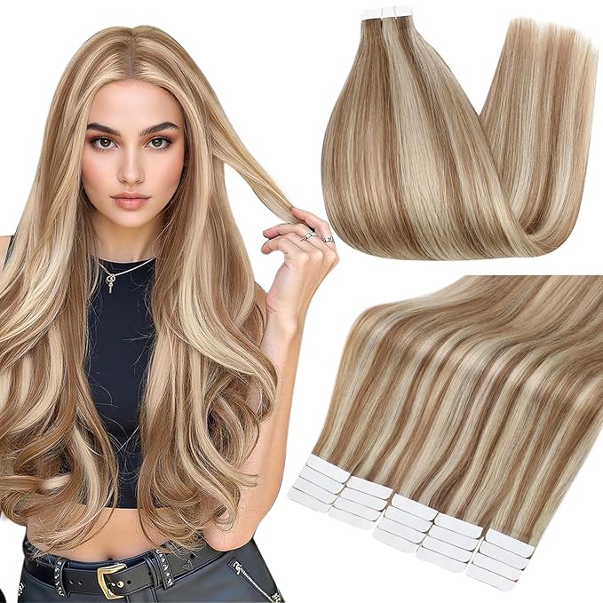 Full Shine Tape in Hair Extentions Human Hair 16 Inch Tape in Extentions Human Hair Color 10 Highlight 613 Bleach Blonde Seamless Remy Human Hair Extensions Tape ins 50g 20PCS for Party