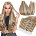 Full Shine Human Hair Tape in Extensions Color 10/613 Blonde With Brown 18 Inch Invisible Seamless Skin Weft Extensions Tape in 20 Pieces Straight Natural Remy Soft and Silky for Wedding 50 Grams