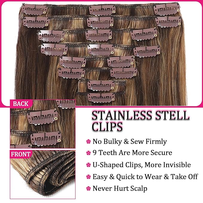 20inch 120g Clip in Hair Extensions Real Human Hair 8pcs with 18clips Chocolate Brown to Honey Blonde Kinky Straight Human Hair Extensions Straight Double Weft Remy Human Hair for Black Women