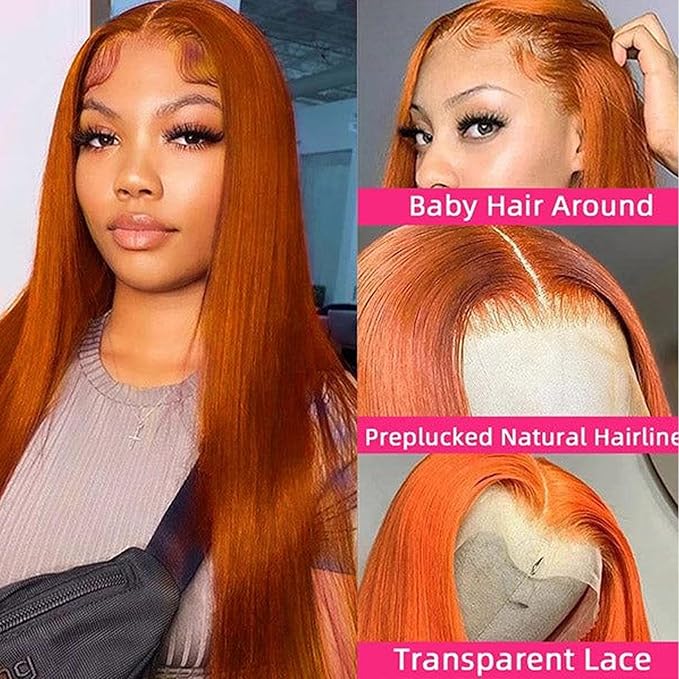 Ginger Wig Human Hair 13x4 Straight Ginger Orange Lace Front Wigs Human Hair HD Transparent Lace Frontal 350 Colored Wig Pre Plucked 180% Density 30inch
