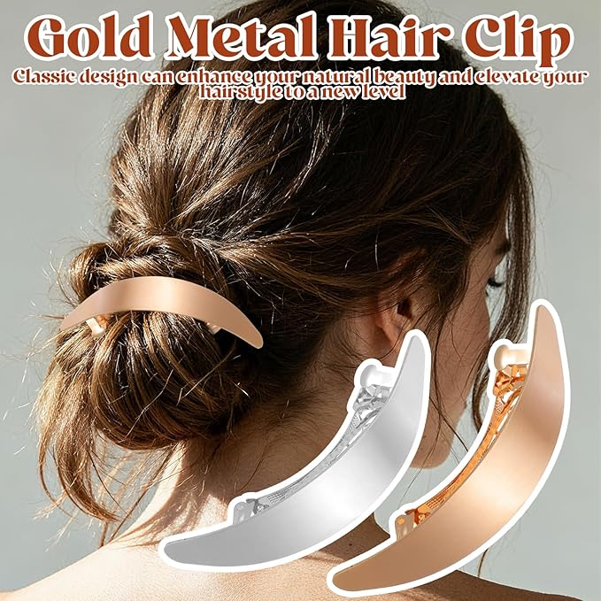 2Pcs Oval French Barrette Hair Clips, Vintage Metal Gold Hair Clip, Elegant French Clip for All Hairs, Gold Hairs Barrettes for Wedding Prom & Formal Events Valentine's Day（Gold, Silver）