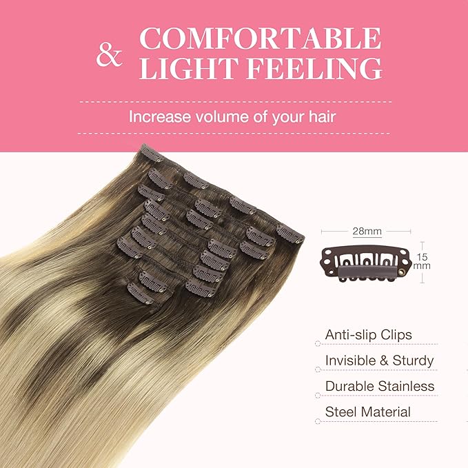GOO GOO Clip in Hair Extensions Real Human Hair, Remy Human Hair Extensions Clip ins for Women, Natural Human Hair, 14inch 150g 9Pcs, 4/18 Balayage Chocolate Brown Highlighted Dirty Blonde