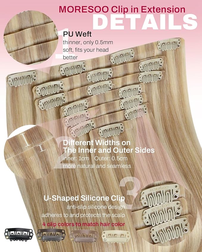 Moresoo Seamless Clip in Hair Extensions Dark Ash Blonde Highlighted with Golden Blonde Remy Clip in Seamless Human Hair Extensions 7pcs/120g 18inch