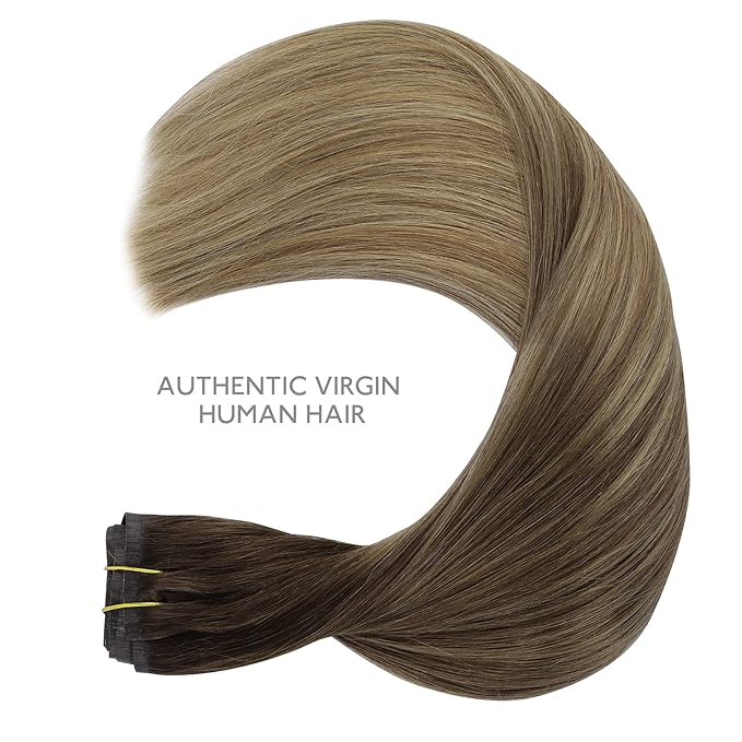 WENNALIFE Seamless Clip In Hair Extensions, 18 Inch 7pcs 130g Ombre Walnut Brown to Ash Brown and Bleach Blonde, Invisible PU Weft Natural Real Human Hair Extensions