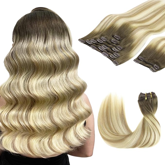 GOO GOO Clip in Hair Extensions Real Human Hair, Remy Human Hair Extensions Clip ins for Women, Natural Human Hair, 16inch 150g 9Pcs, 5A/90/16F Bahamian Balayage