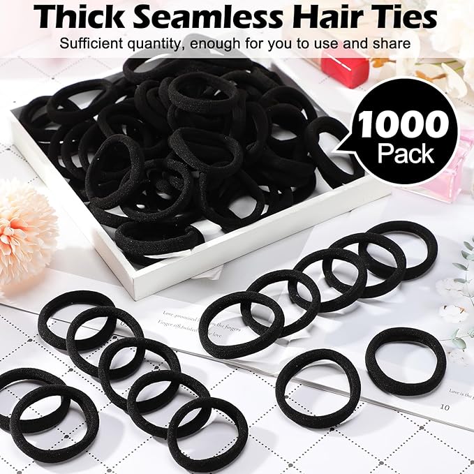 Chuangdi 1000 Pcs Black Hair Ties Bulk for Women Elastics Curly Wavy Thick Thin Hair Bands Seamless Cotton Ponytail Holders Christian Charity Donation Supplies