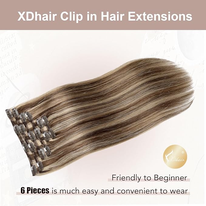XDhair Human Hair Clip in Extensions 100g 16Inch Medium Brown Mix Caramel Blonde Remy Clip in Hair Extensions Double Weft Straight for Women (#4/27,16Inch)