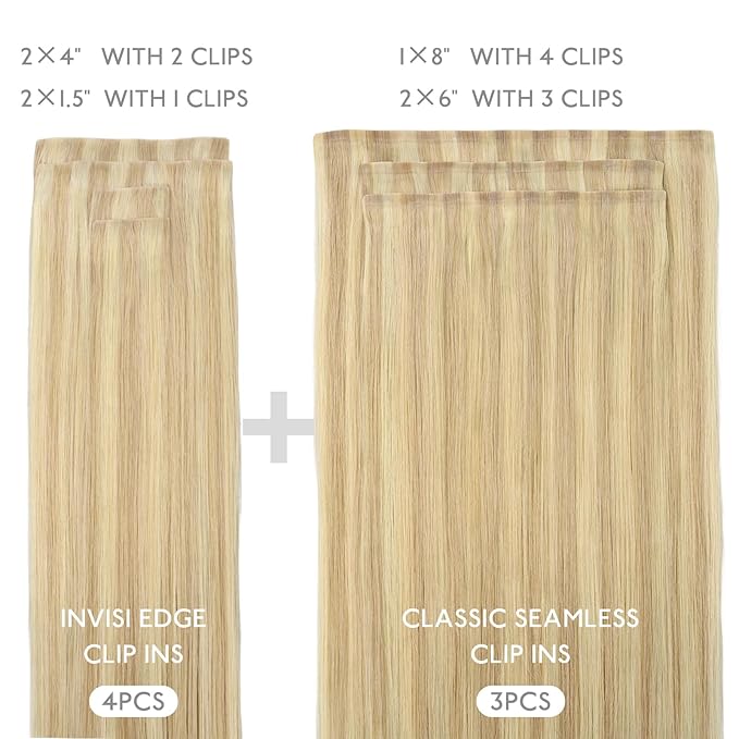 WENNALIFE Invisi Edge & Classic Seamless Clip in Hair Extensions Real Human Hair, 16 Inch 130 7pcs Light Blonde Highlighted Golden Blonde Hair Extensions for Women Invisible Straight Injection