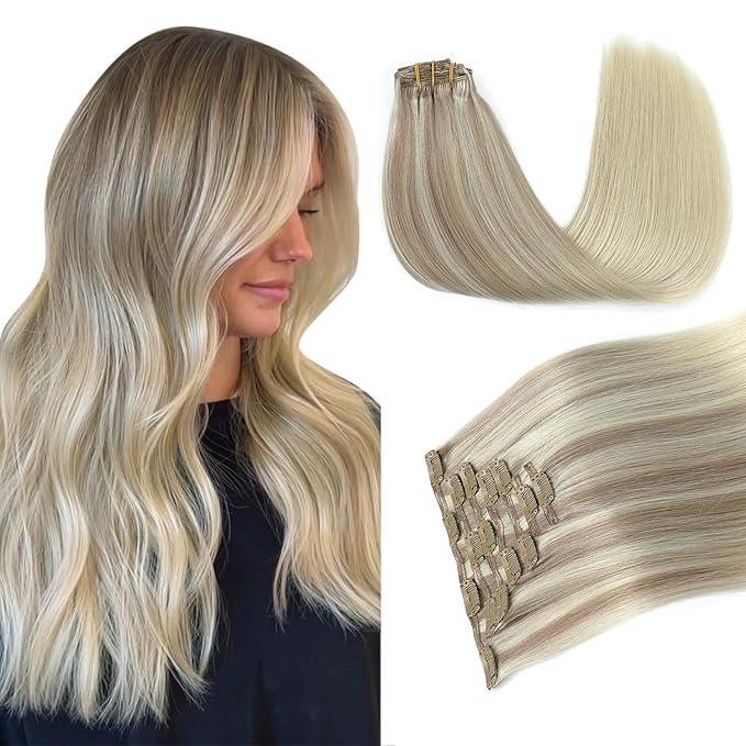 PINKPEARL Clip in Hair Extensions Straight Human Hair #18/22/60 Balayage Ash Blonde to Golden Blonde and Platinum Blonde 7pcs 120g 22 Inch Real Hair Clip in Extensions(#18/22/60-22)