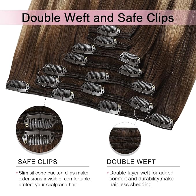 Pro2.0 Clip in Hair Extensions Real Human Hair 120g Thick 7pcs Color #4/27/4 Chocolate Brown to Caramel Blonde Remy Real Human Hair Extensions Clip ins 14inch Double Weft（#4/27/4-14inch）