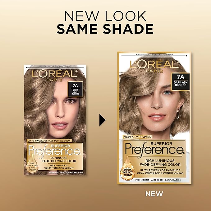 L'Oreal Paris Superior Preference Luminous Fade-Defying Permanent Hair Color, Hair Dye For Up to 9 Weeks of Radiance, Dark Ash Blonde 7A, 1 Hair Dye Kit
