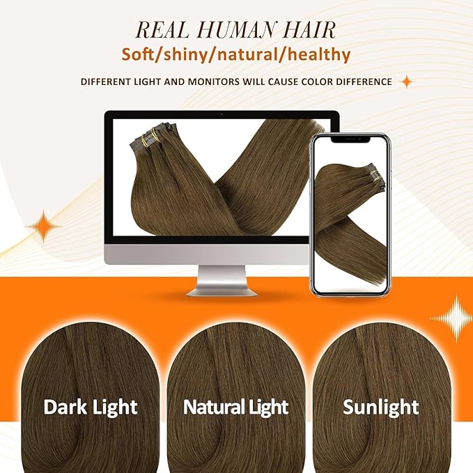 Full Shine Clip in Hair Extensions Real Human Hair Medium Brown Seamless Hair Extensions Clip in Straight Seamless Human Hair Clip ins 16 Inch 120 G 8 PCS