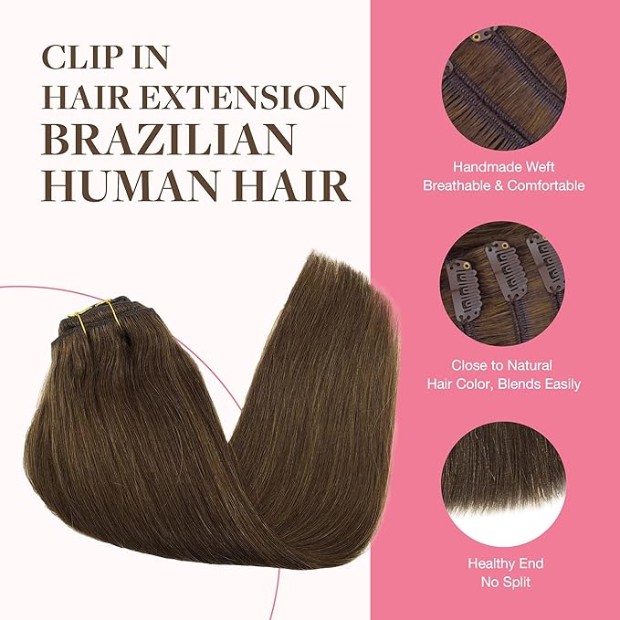 GOO GOO Clip in Hair Extensions Real Human Hair, Remy Human Hair Extensions Clip ins for Women, Natural Human Hair, 14inch 150g 9Pcs, 4A Chocolate Brown