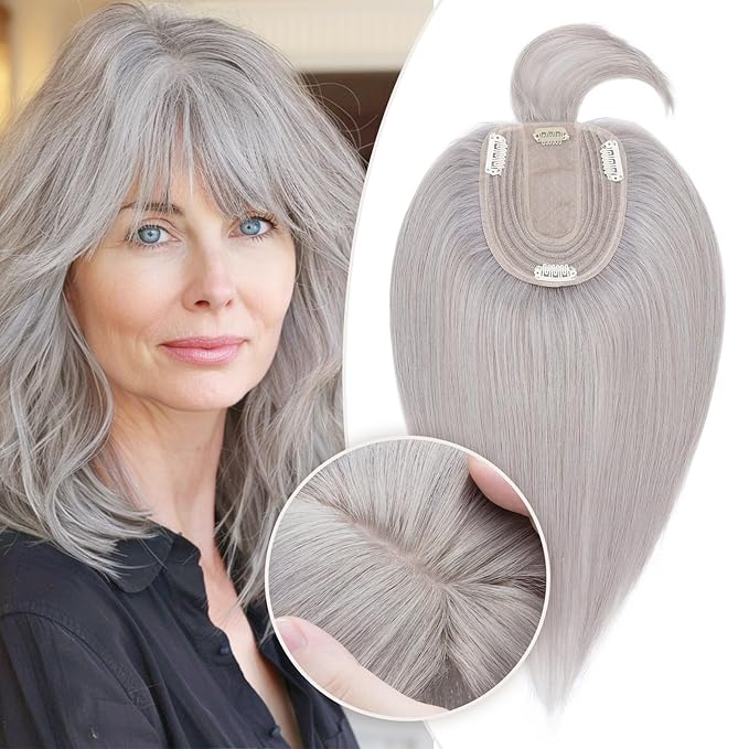 Rich Choices Real Human Hair Toppers for Women With Bang 100% Remy Human Hair Topper for Thinning Hair Clip in Silk Base Hair Topper 10 Inch GREY