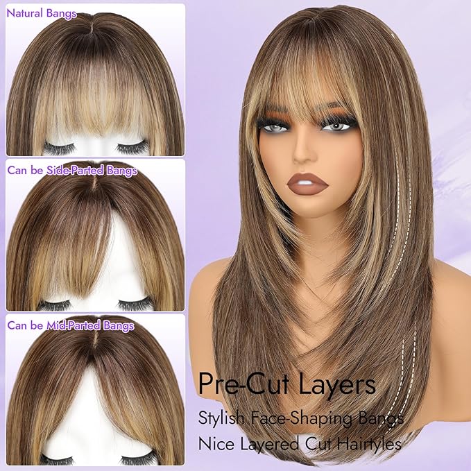 Wig with Bangs for Women Wine Red Brown Mix Straight Face-Framing Layers Hairstyle 4x4 Realistic Scalp Glueless Synthetic Wigs Medium Length for Everyday Use