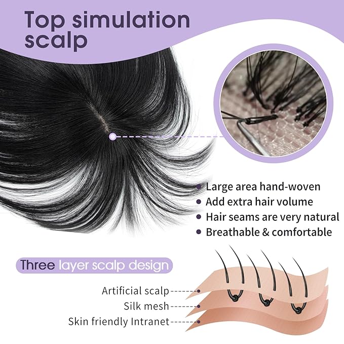 Real Human Hair Topper for Women with Thinning Hair 100% Real Remy Hair Topper for Women, Clip In Hairpiece for Thinning Hairpiece for White HairRoots Cover(8inch, Jet Black)