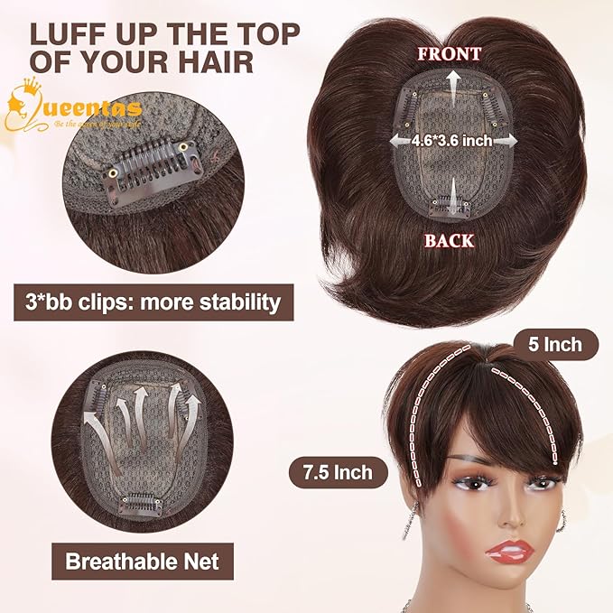 QUEENTAS Brown Short Hair Toppers for Women with Thinning Hair 360°3D Cover with 3 Clips Hair Pieces Wispy Bangs 4.6"*3.6" Coverage(Chocolate Brown/#4)