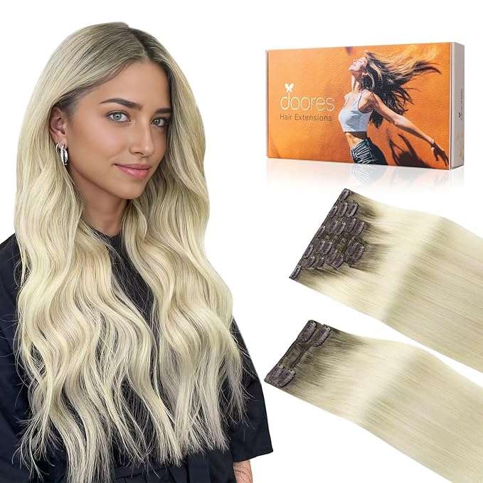 DOORES Human Hair Extensions Clip in Light Ash Brown to Ash Blonde, 150g 9pcs 14 Inch, Remy Straight Thick Hair